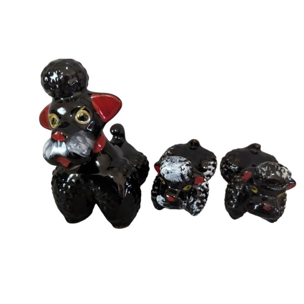 Vintage Black Ceramic Poodle Family Set of 3 Figurines Japan‎ Mid Century Modern